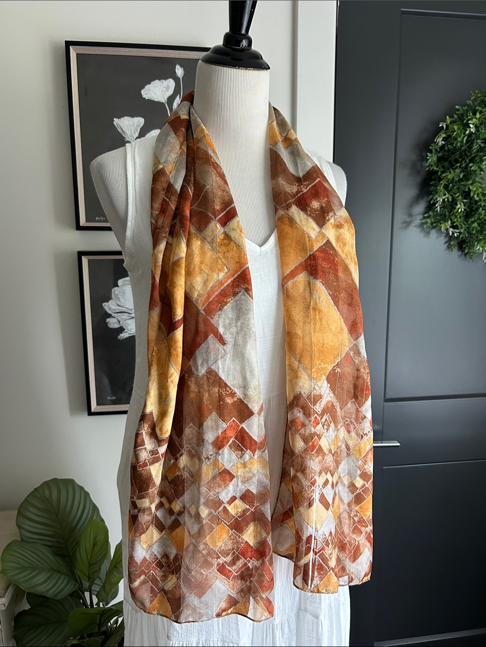 Geometric Autumn Tone Lightweight skinny polyester Scarf - Rust, Mustard, Cream